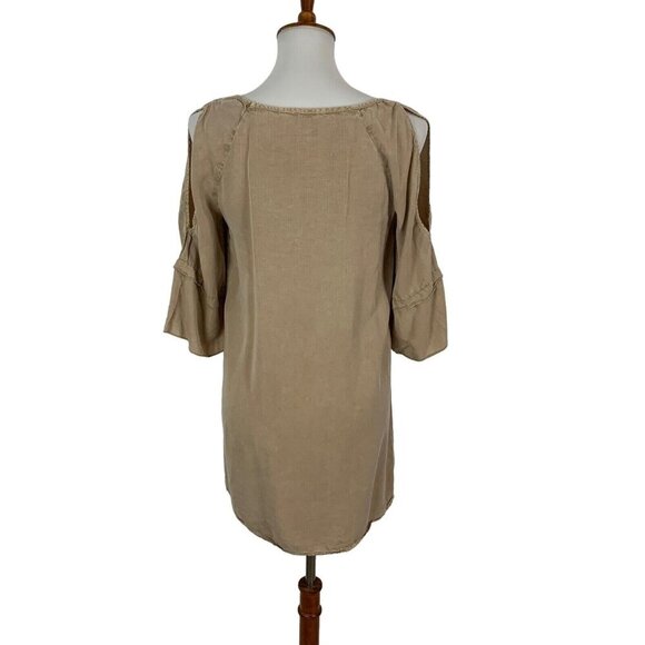 Glam Cold Shoulder Dress Small Tan Short Sleeve Party Clubwear Stretch - Picture 4 of 6